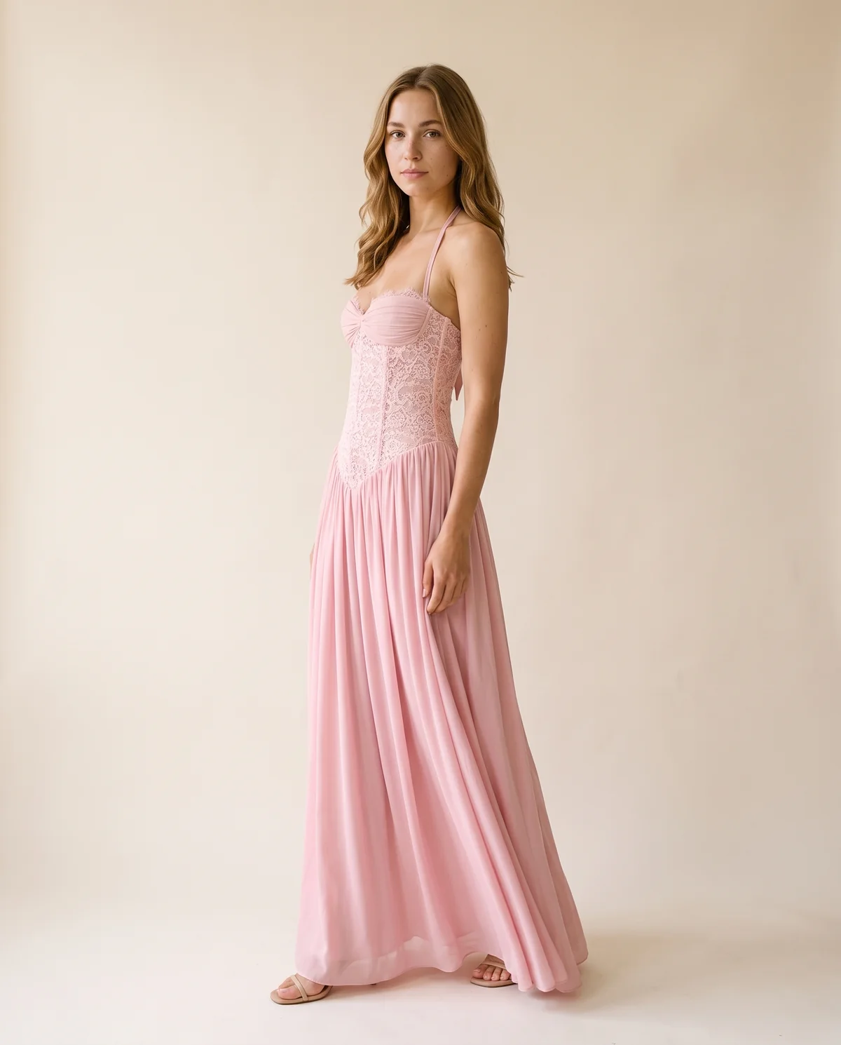 Lace Halter Corset Maxi Dress with Chiffon Skirt in Blush Pink, side view, worn by Ava