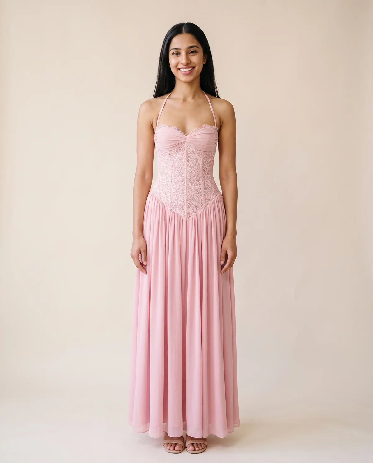 Lace Halter Corset Maxi Dress with Chiffon Skirt in Blush Pink, front view, worn by Priya