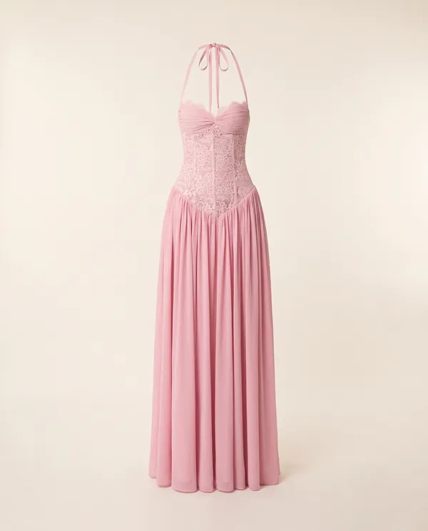 Lace Halter Corset Maxi Dress with Chiffon Skirt in Blush Pink, product shot on a plain background