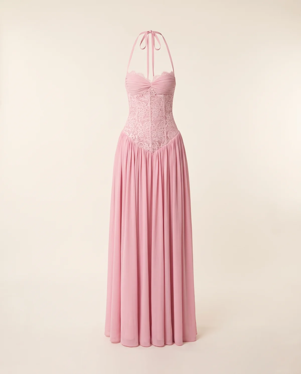 Lace Halter Corset Maxi Dress with Chiffon Skirt in Blush Pink, product shot on a plain background