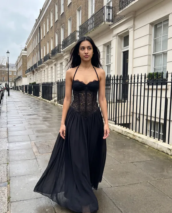 Satin Eve styling: Lace Halter Corset Maxi Dress with Chiffon Skirt
