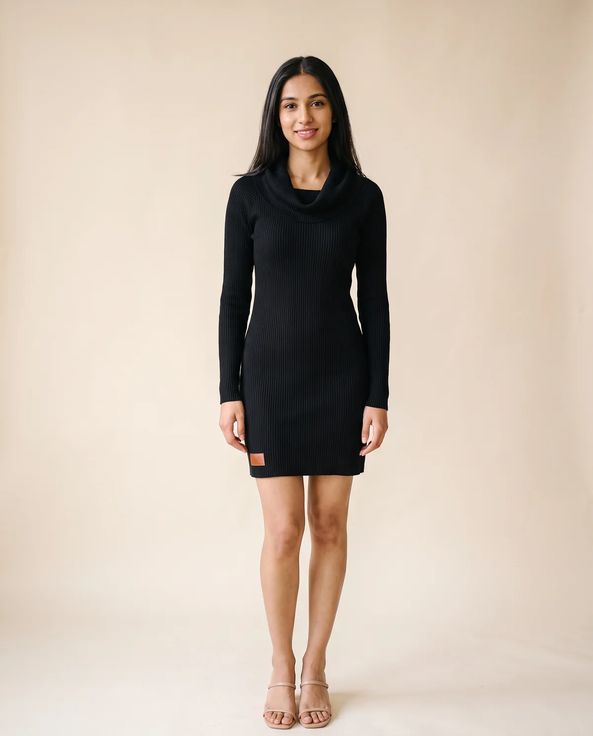 Cowl-Neck Rib Knit Mini Dress in Black, front view, worn by Priya