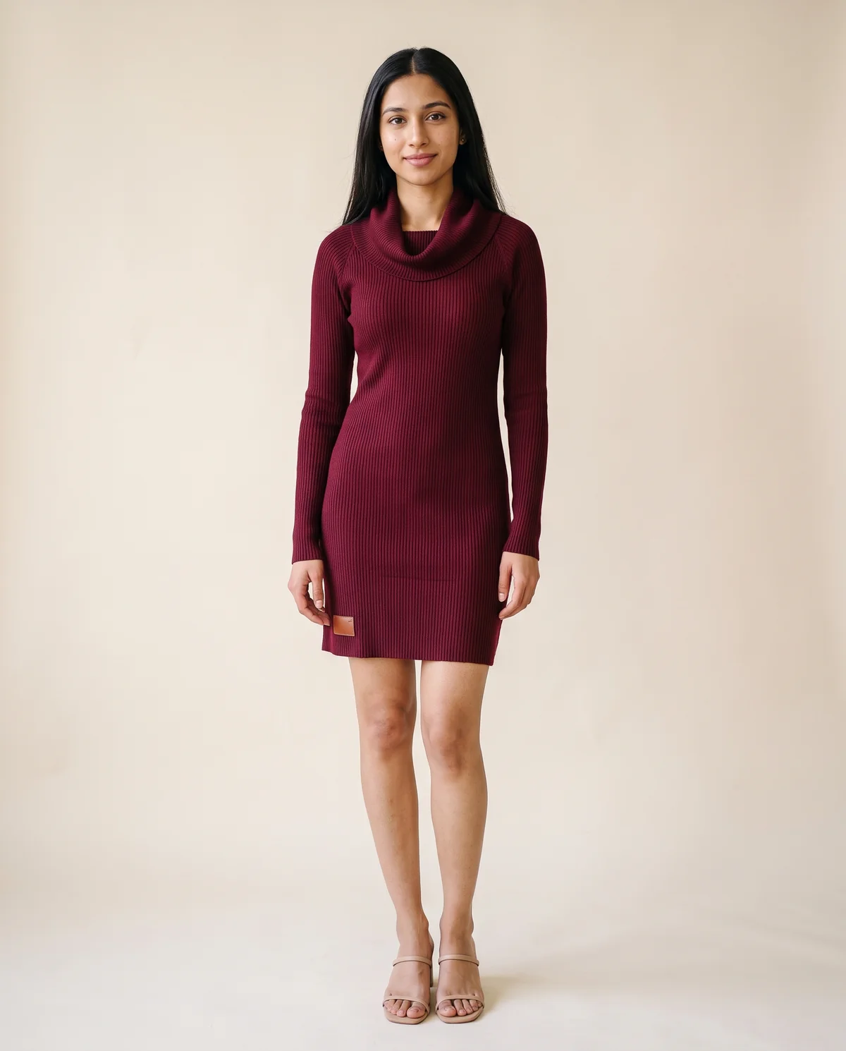 Cowl-Neck Rib Knit Mini Dress in Wine, front view, worn by Priya