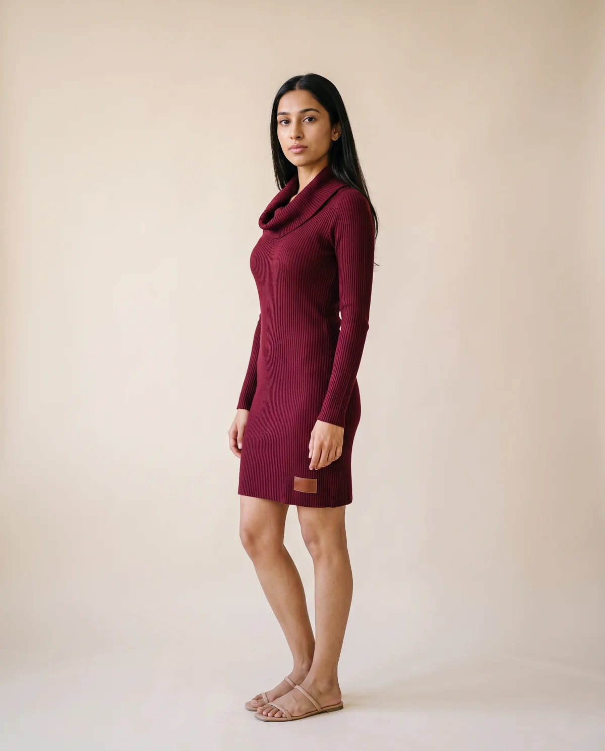 Cowl-Neck Rib Knit Mini Dress in Wine, side view, worn by Priya