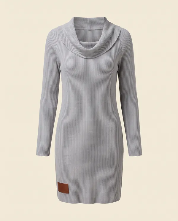 Cowl-Neck Rib Knit Mini Dress in Light Grey, product shot on a plain background