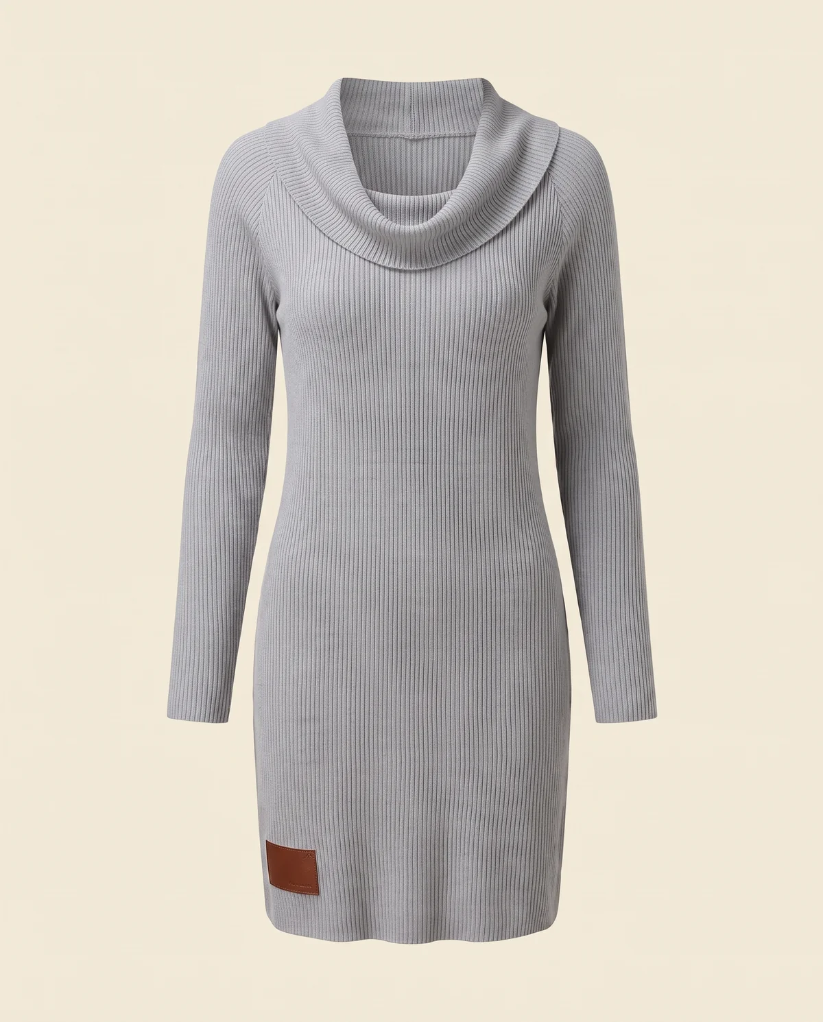 Cowl-Neck Rib Knit Mini Dress in Light Grey, product shot on a plain background
