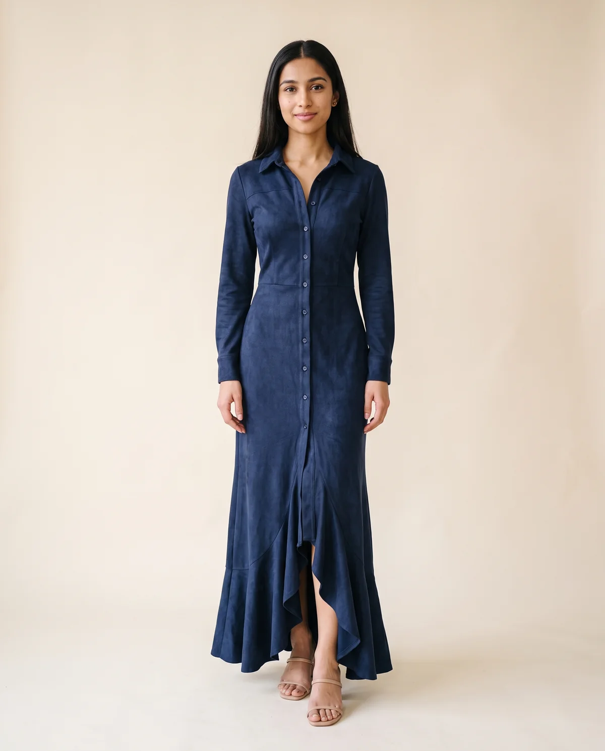 Faux Suede Shirt-Style Maxi Dress in Navy, front view, worn by Priya