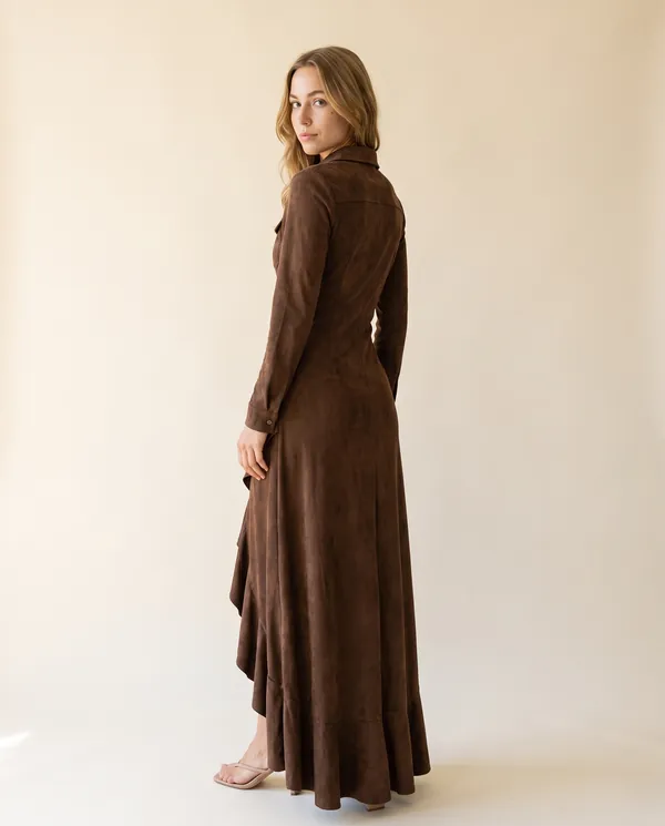 Faux Suede Shirt-Style Maxi Dress in Brown, back view, worn by Ava