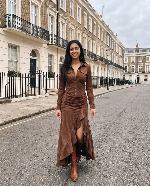 Satin Eve styling: Faux Suede Shirt-Style Maxi Dress