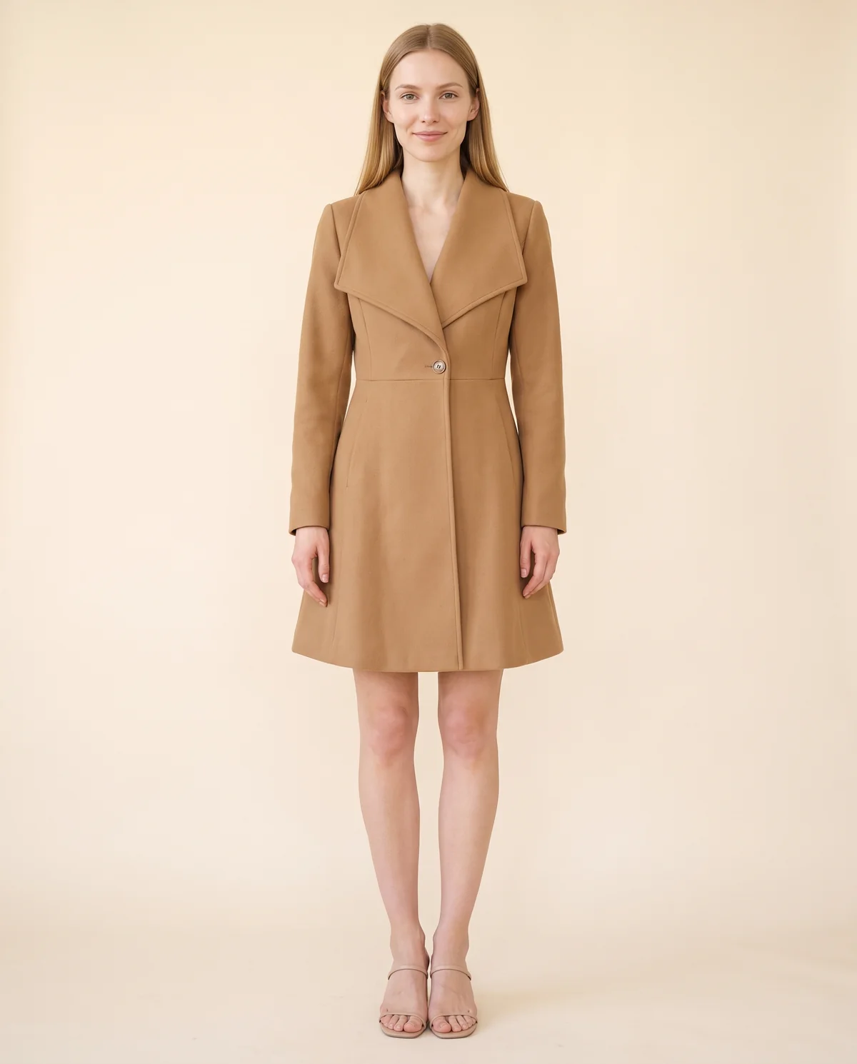 Wide-Lapel Flared Wool-Look Coat in Camel, front view, worn by Maya