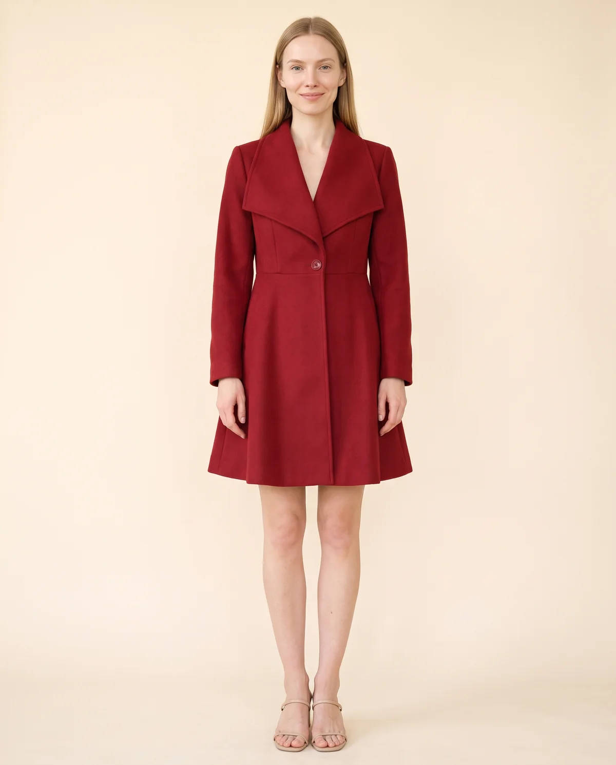 Wide-Lapel Flared Wool-Look Coat in Red, front view, worn by Maya