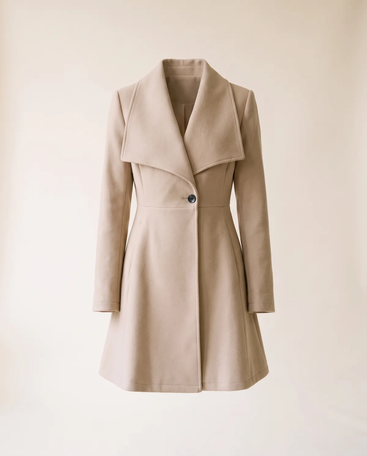 Wide-Lapel Flared Wool-Look Coat in Beige, product shot on a plain background