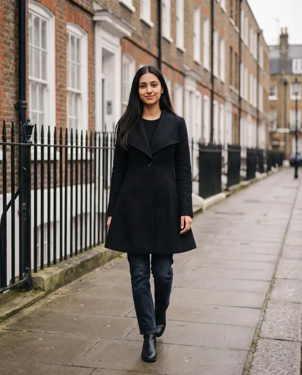 Satin Eve styling: Wide-Lapel Flared Wool-Look Coat