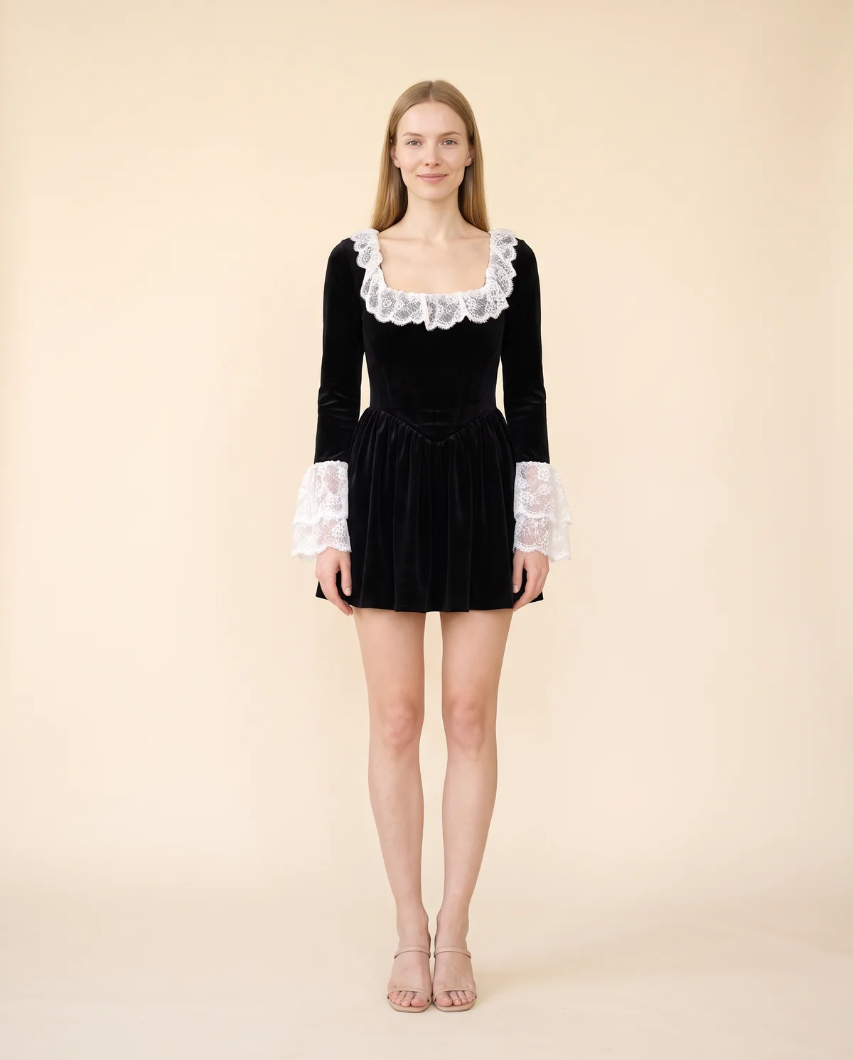 Velvet Corset Lace-Trim Mini Dress in Black, front view, worn by Maya