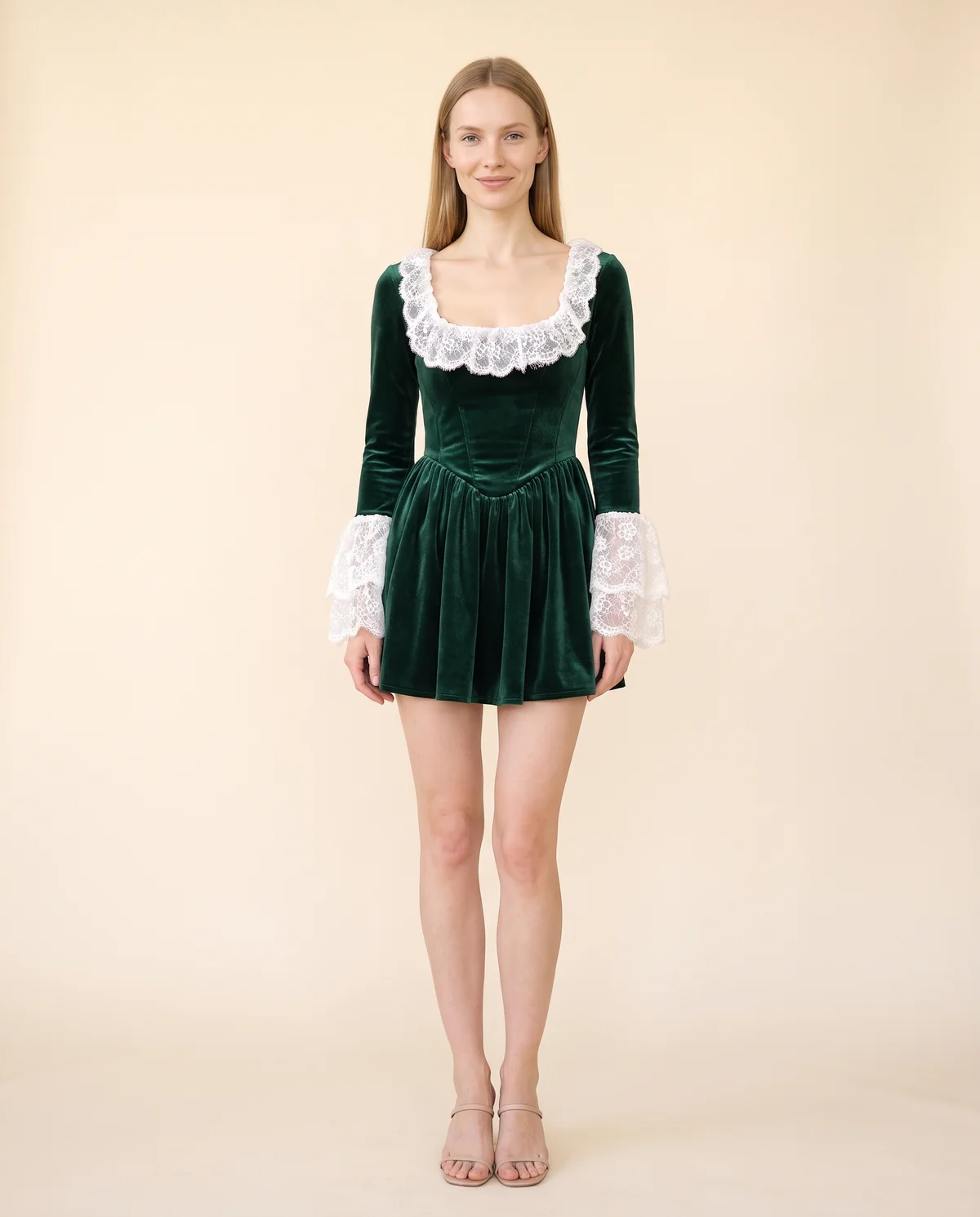 Velvet Corset Lace-Trim Mini Dress in Forest, front view, worn by Maya
