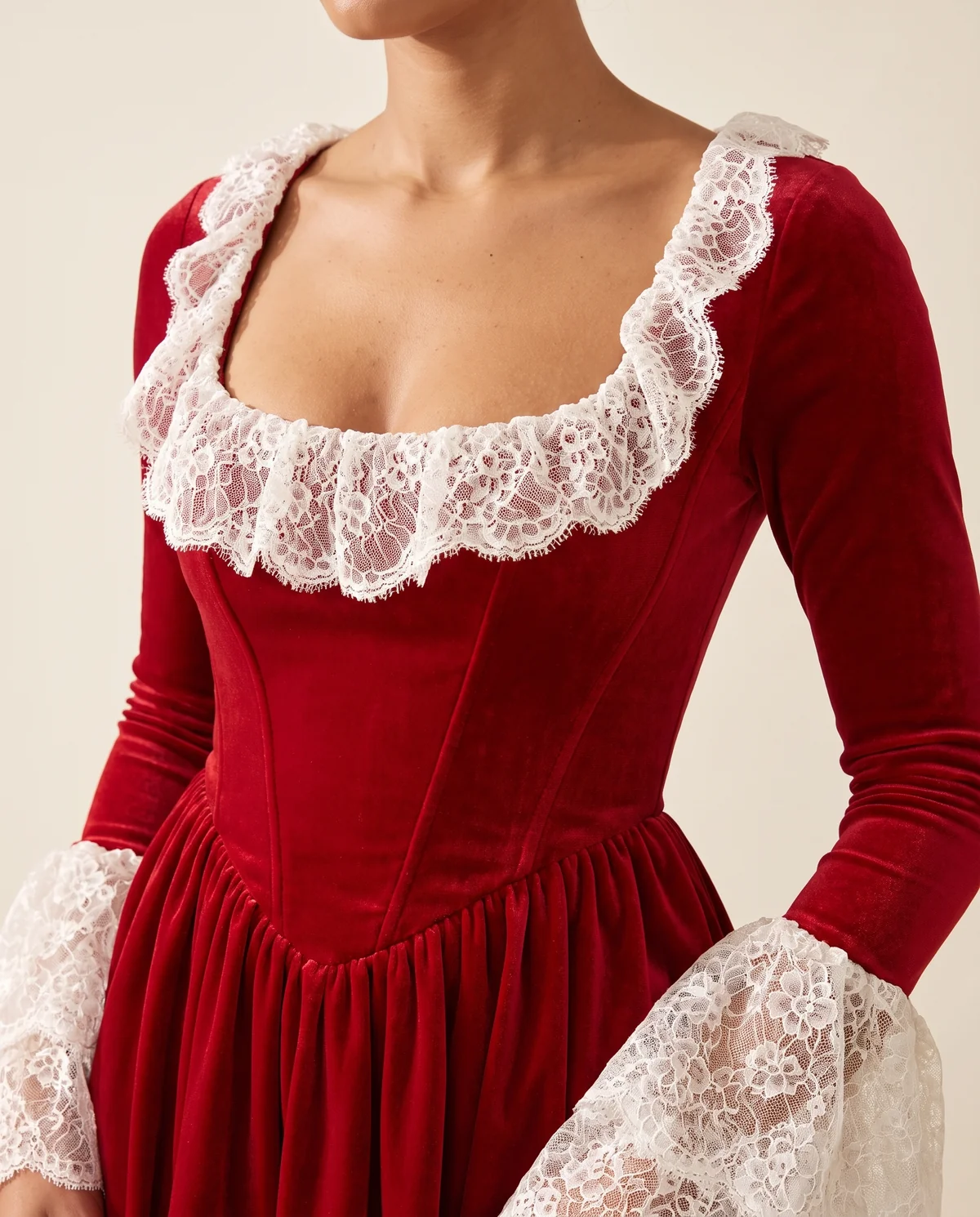 Velvet Corset Lace-Trim Mini Dress in Red, close-up of the detail