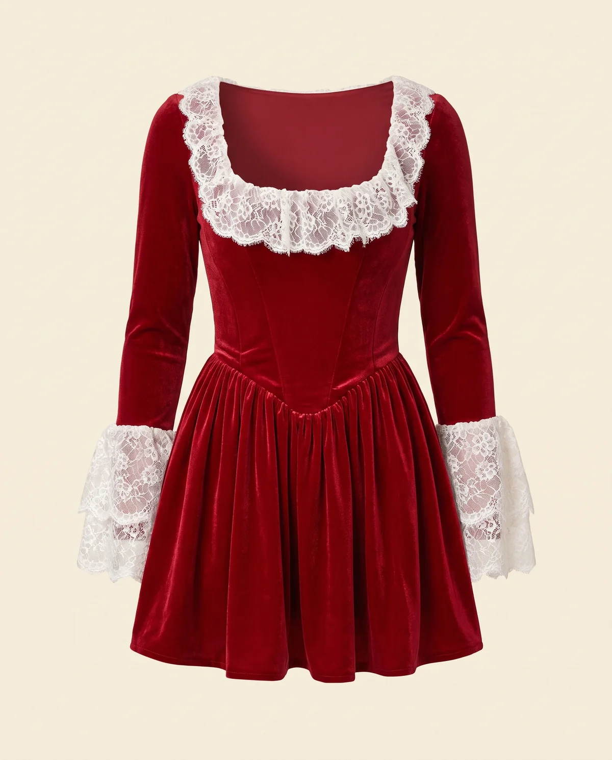 Velvet Corset Lace-Trim Mini Dress in Red, product shot on a plain background