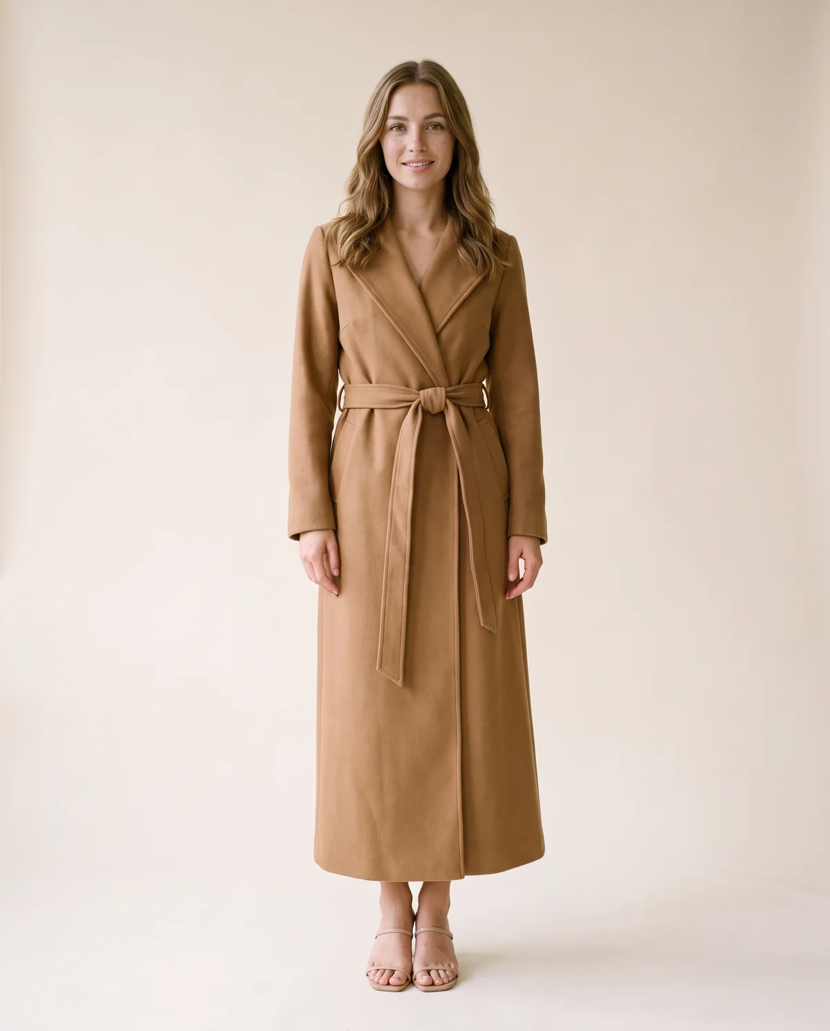 Tie-Waist Wrap Wool-Look Coat in Camel, front view, worn by Ava