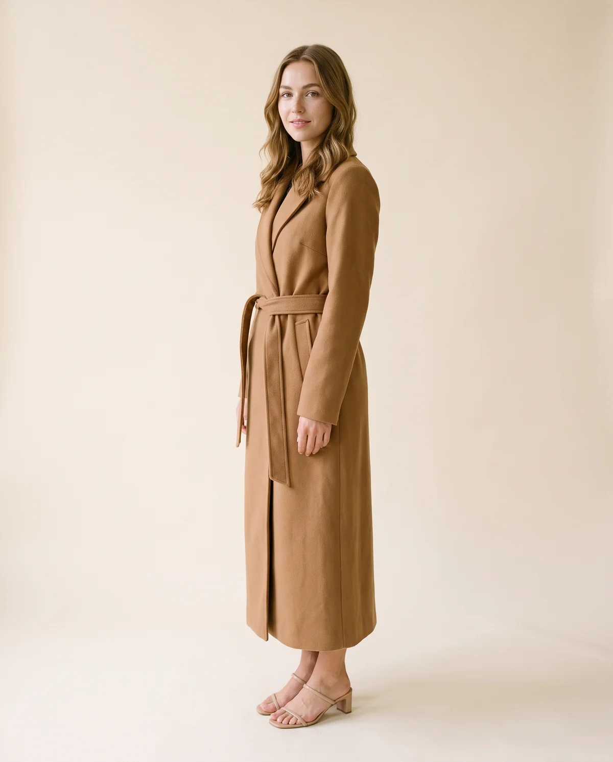 Tie-Waist Wrap Wool-Look Coat in Camel, side view, worn by Ava