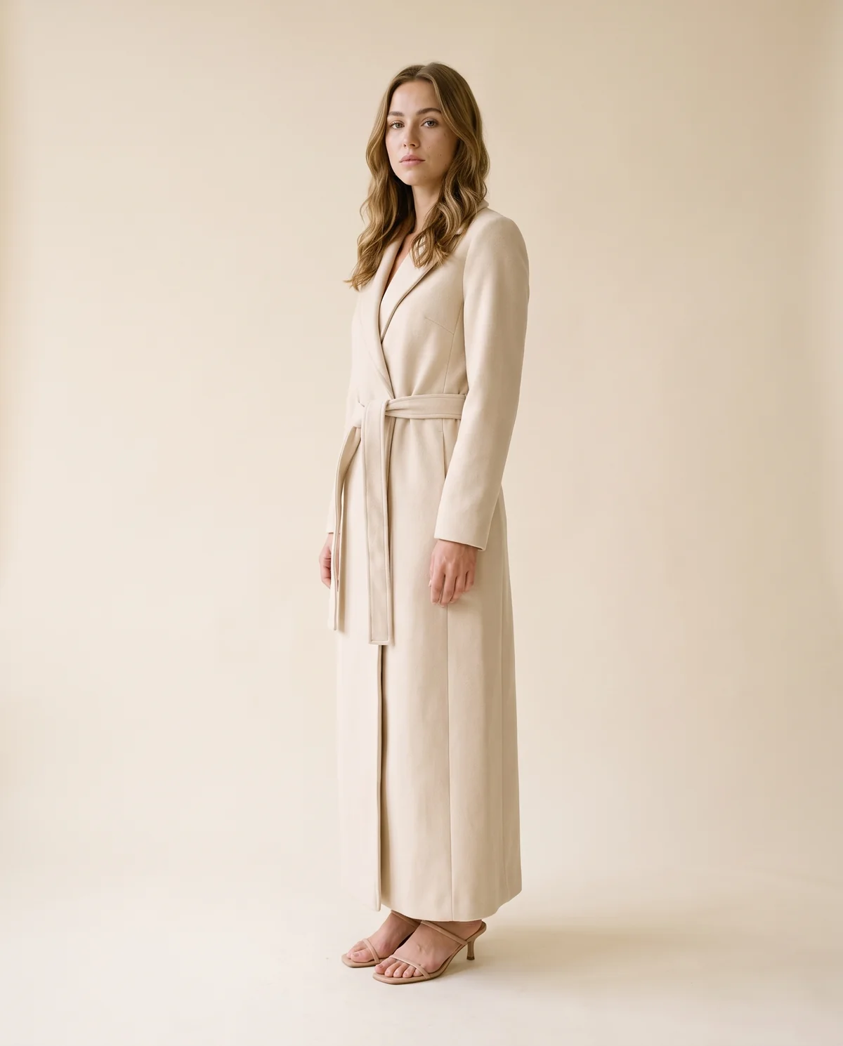 Tie-Waist Wrap Wool-Look Coat in Cream, side view, worn by Ava