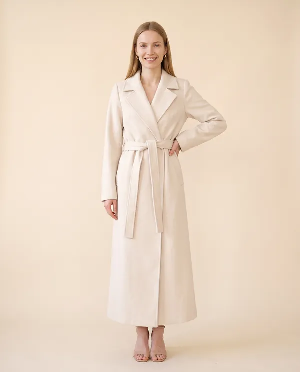 Tie-Waist Wrap Wool-Look Coat in Cream, front view, worn by Maya