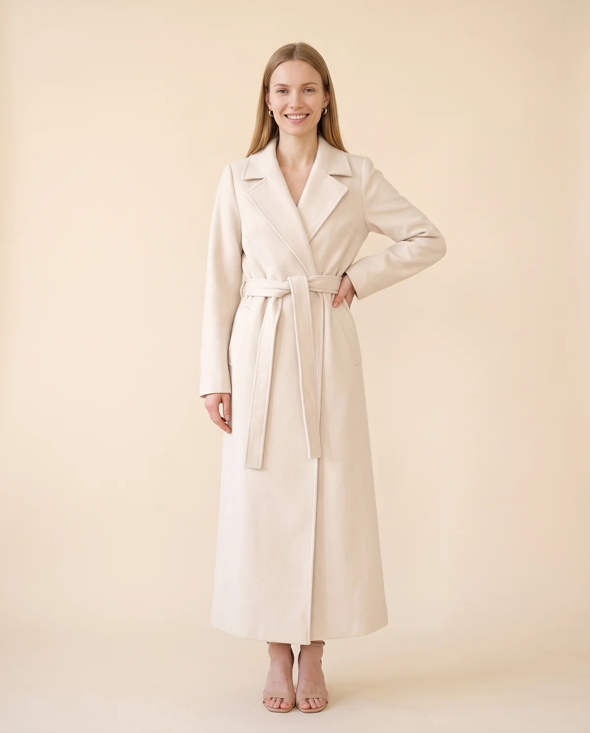 Tie-Waist Wrap Wool-Look Coat in Cream, front view, worn by Maya