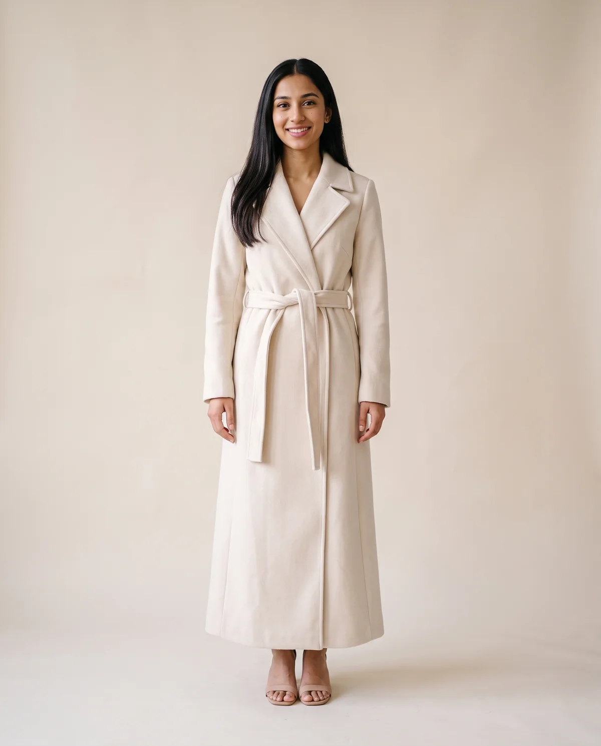 Tie-Waist Wrap Wool-Look Coat in Cream, front view, worn by Priya
