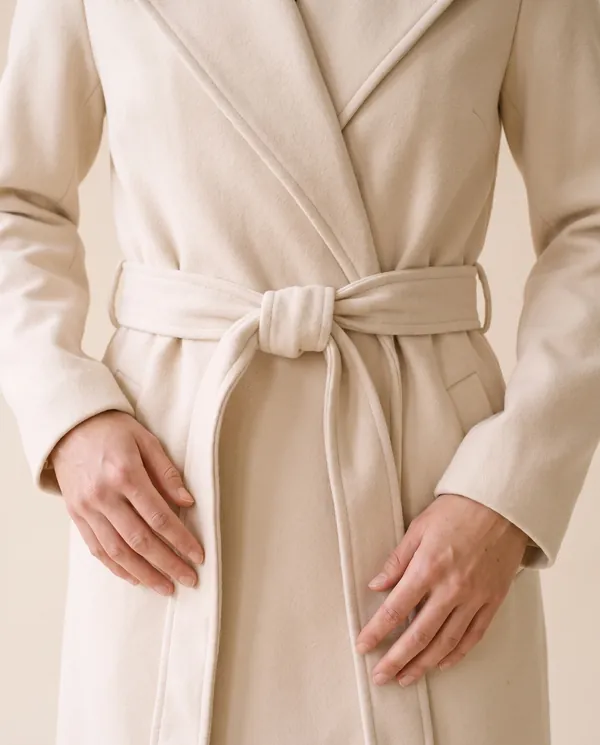 Tie-Waist Wrap Wool-Look Coat in Cream, close-up of the detail