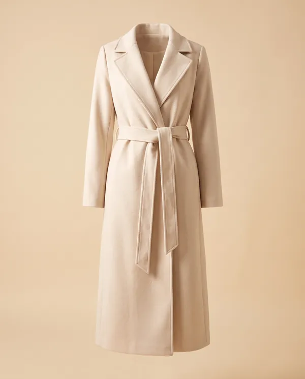 Tie-Waist Wrap Wool-Look Coat in Cream, product shot on a plain background