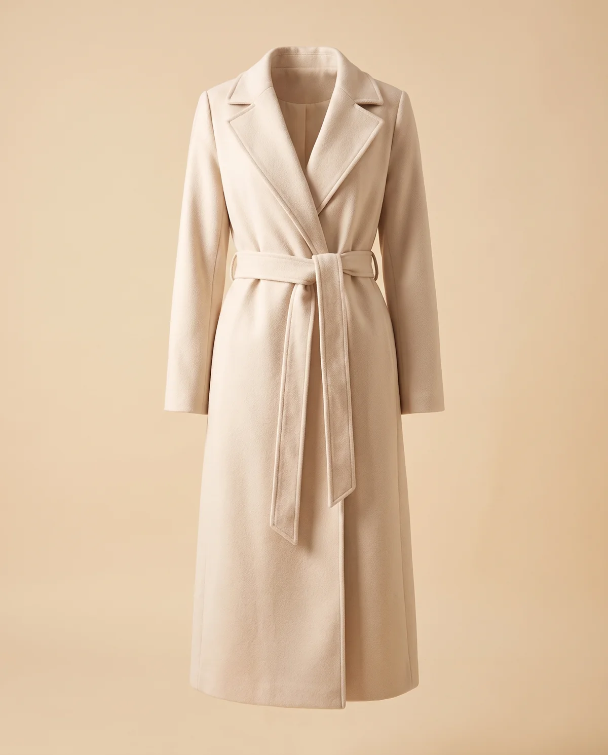Tie-Waist Wrap Wool-Look Coat in Cream, product shot on a plain background