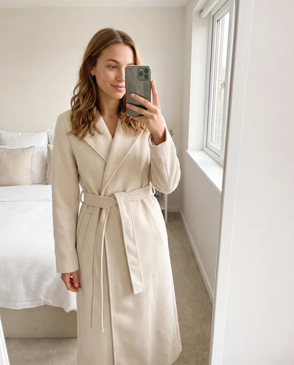 Satin Eve styling: Tie-Waist Wrap Wool-Look Coat