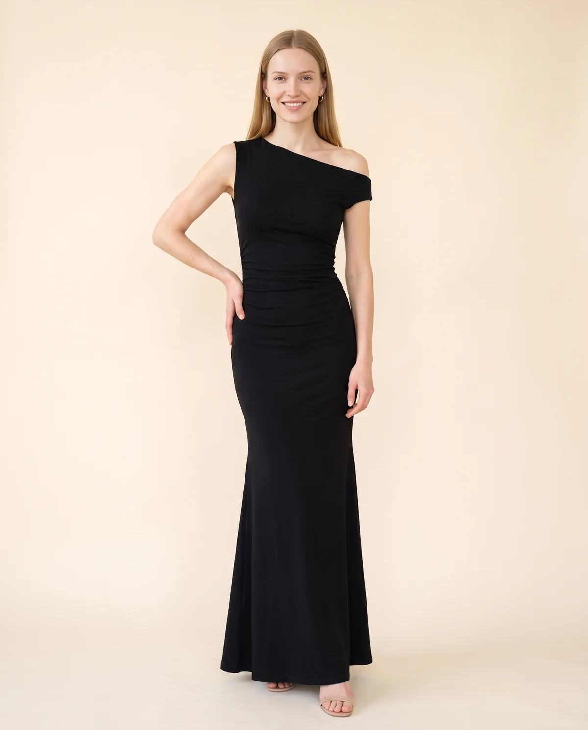 Asymmetric Ruched Jersey Maxi Dress in Black, front view, worn by Maya