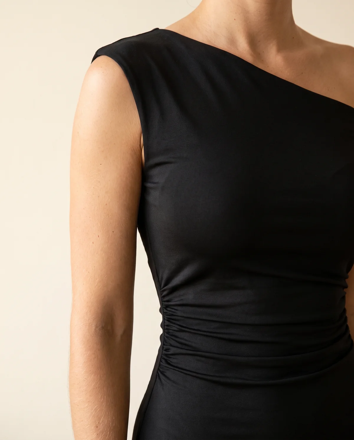 Asymmetric Ruched Jersey Maxi Dress in Black, close-up of the detail