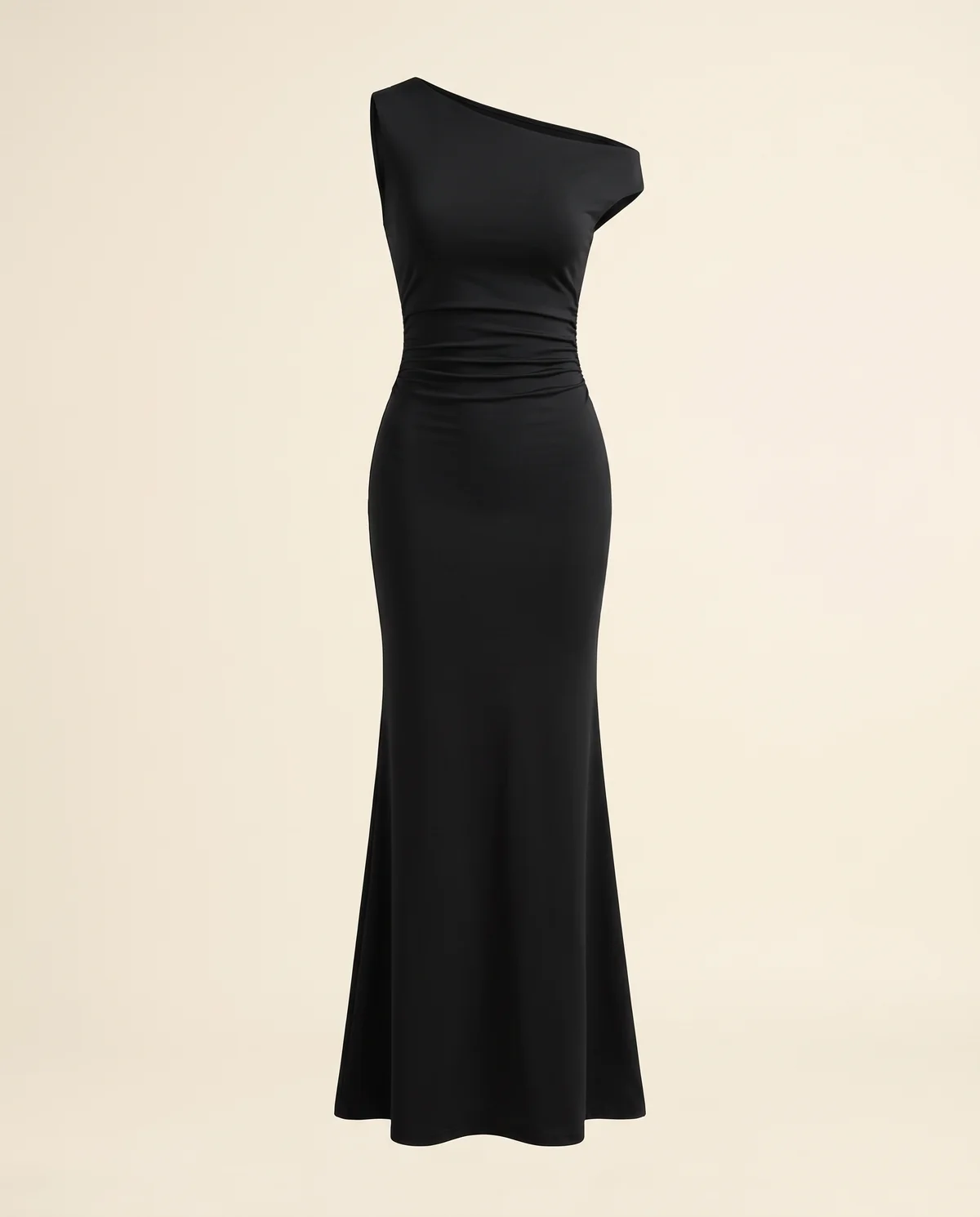 Asymmetric Ruched Jersey Maxi Dress in Black, product shot on a plain background