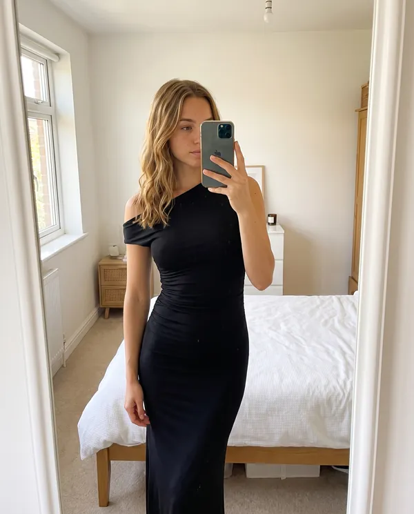 Satin Eve styling: Asymmetric Ruched Jersey Maxi Dress