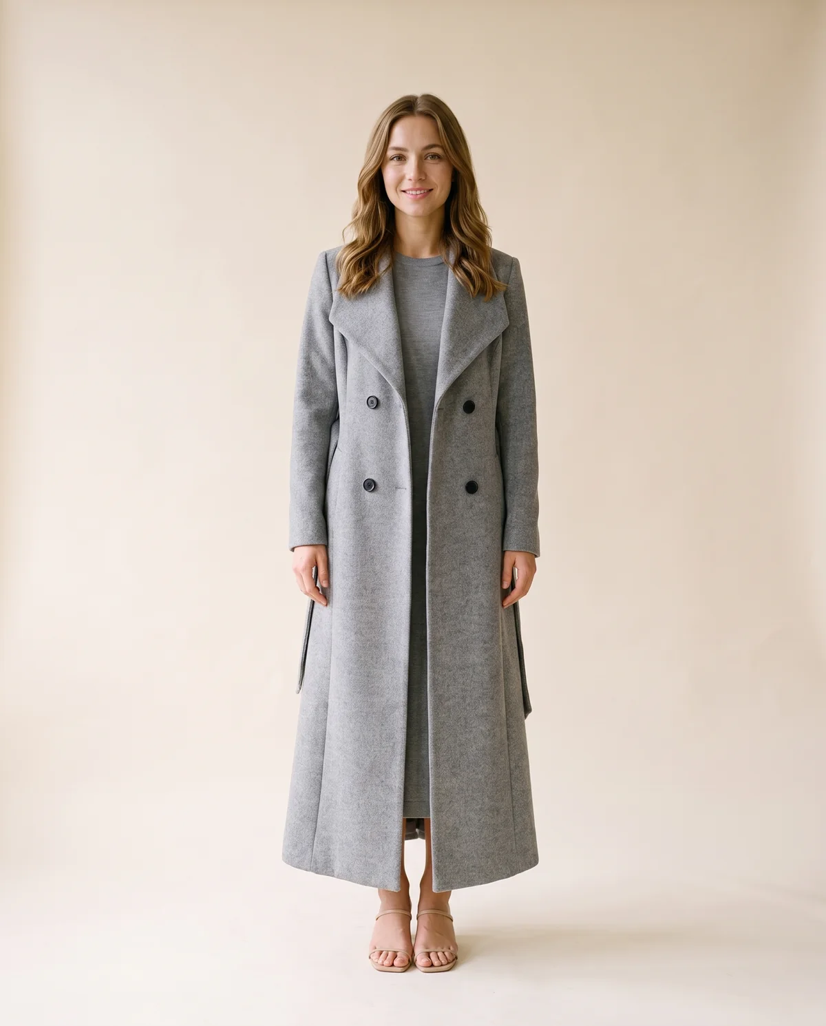 Shawl-Collar Belted Wool-Look Coat in Grey, front view, worn by Ava
