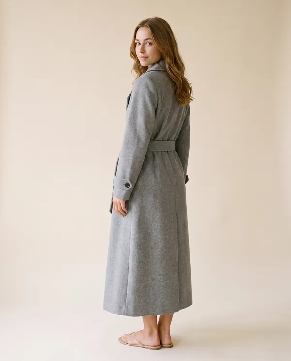 Shawl-Collar Belted Wool-Look Coat in Grey, back view, worn by Ava