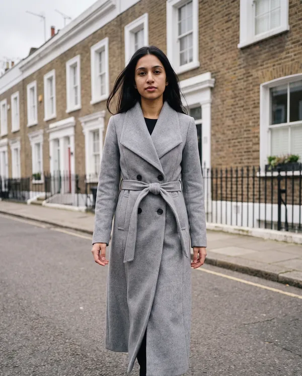 Satin Eve styling: Shawl-Collar Belted Wool-Look Coat