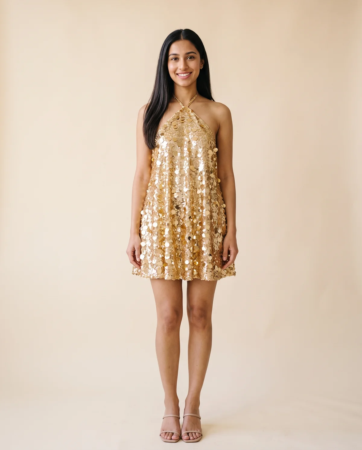 Sequin Halter Swing Mini Dress in Gold, front view, worn by Priya