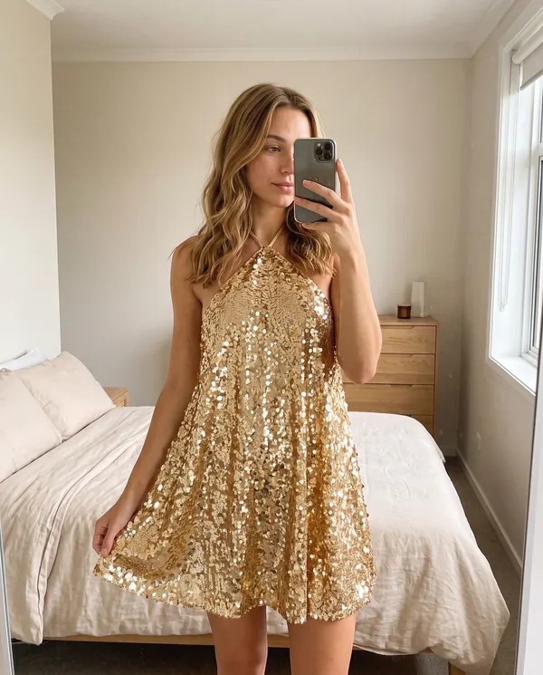 Satin Eve styling: Sequin Halter Swing Mini Dress