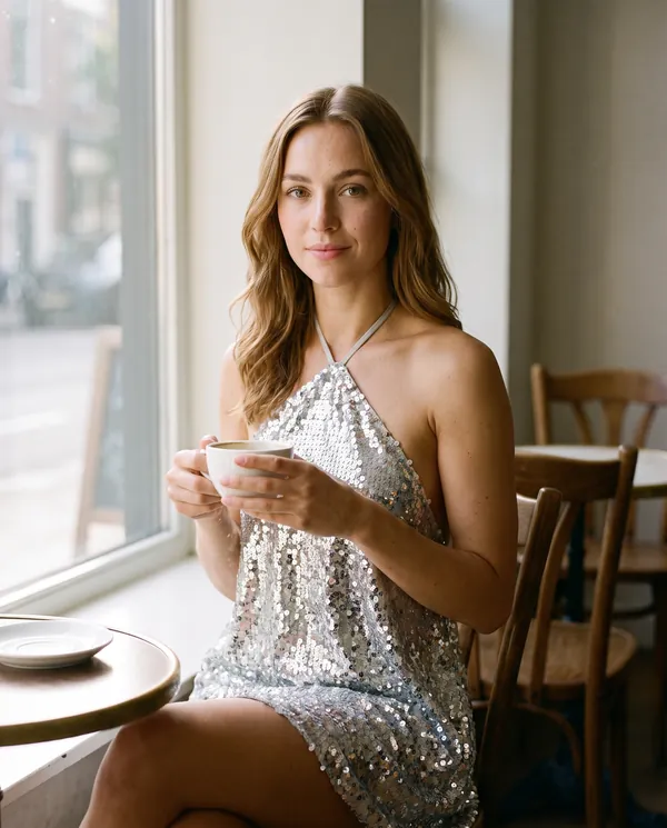 Satin Eve styling: Sequin Halter Swing Mini Dress