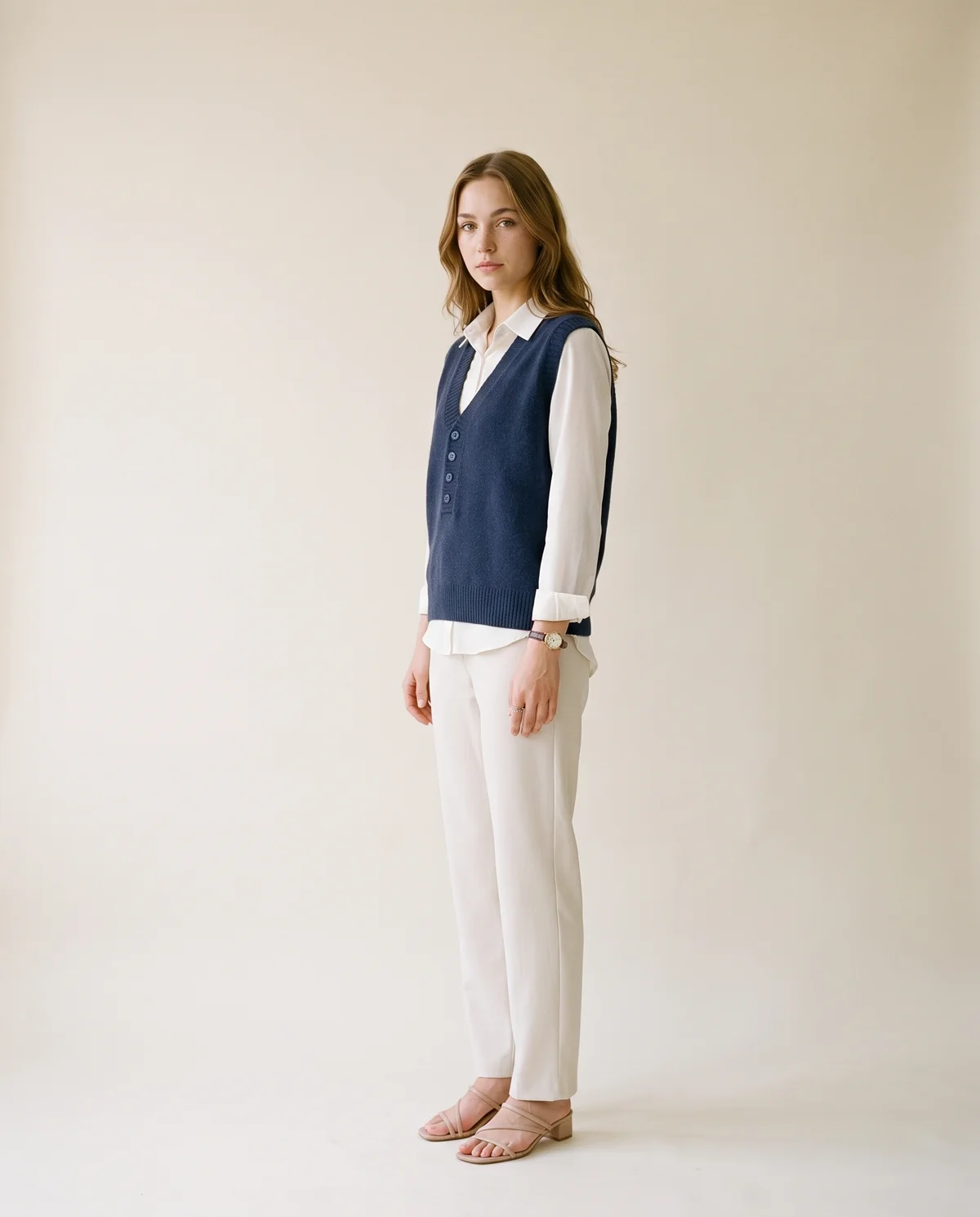 Navy V-Neck Knit Vest in Navy, side view, worn by Ava