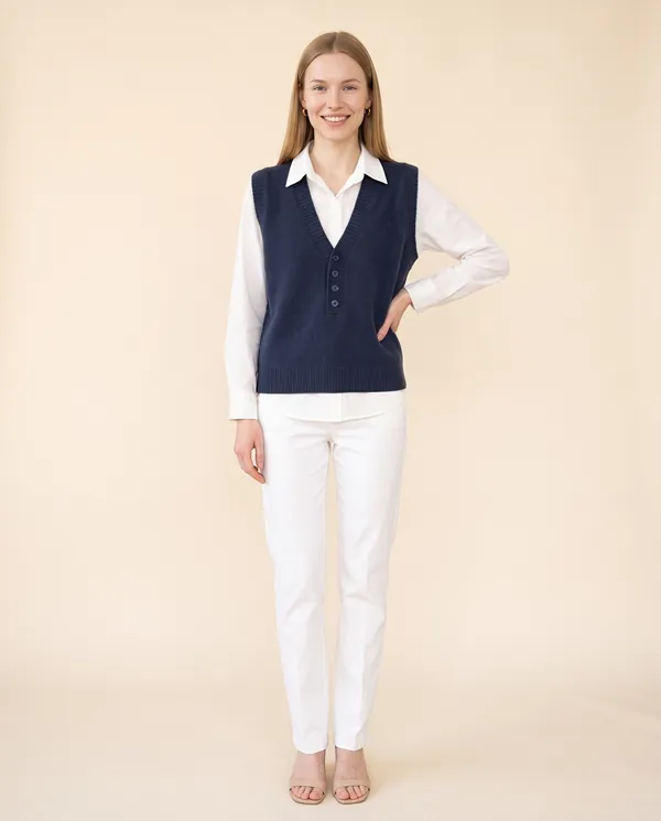 Navy V-Neck Knit Vest in Navy, front view, worn by Maya