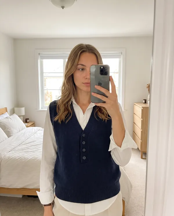 Satin Eve styling: Navy V-Neck Knit Vest