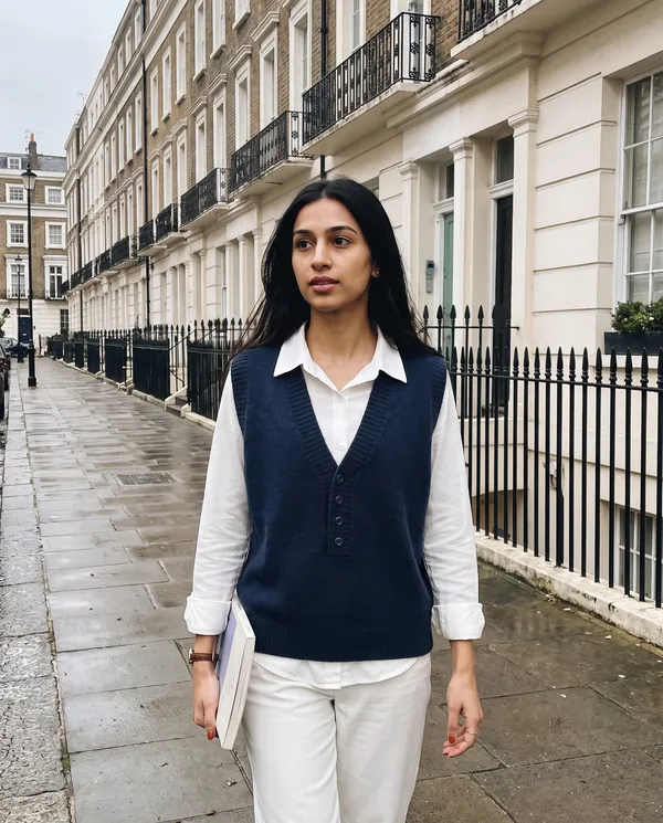 Satin Eve styling: Navy V-Neck Knit Vest