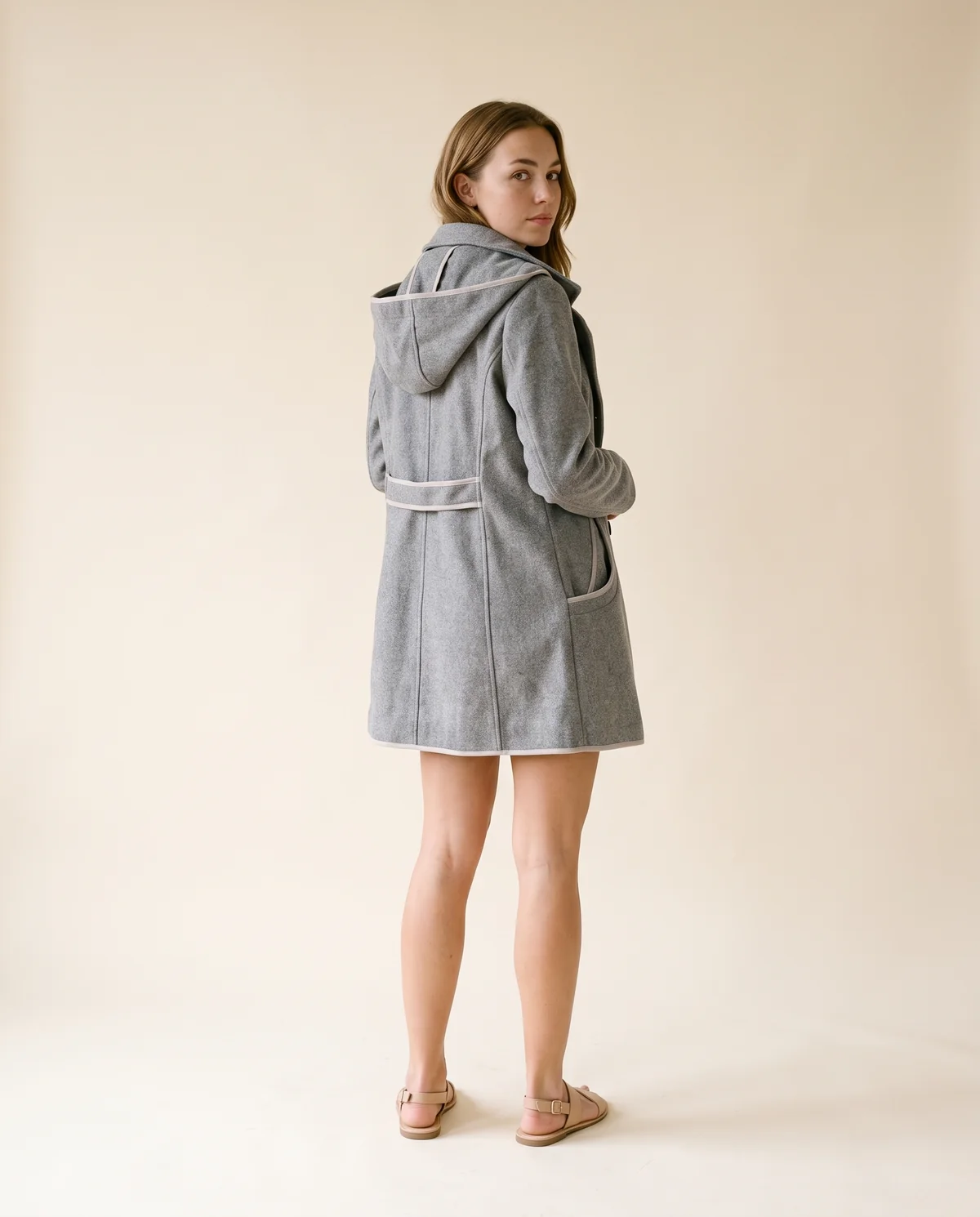 Hooded Double-Breasted Wool-Look Coat in Grey, back view, worn by Ava