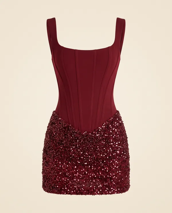 Corset Sequin Mini Dress in Wine, product shot on a plain background