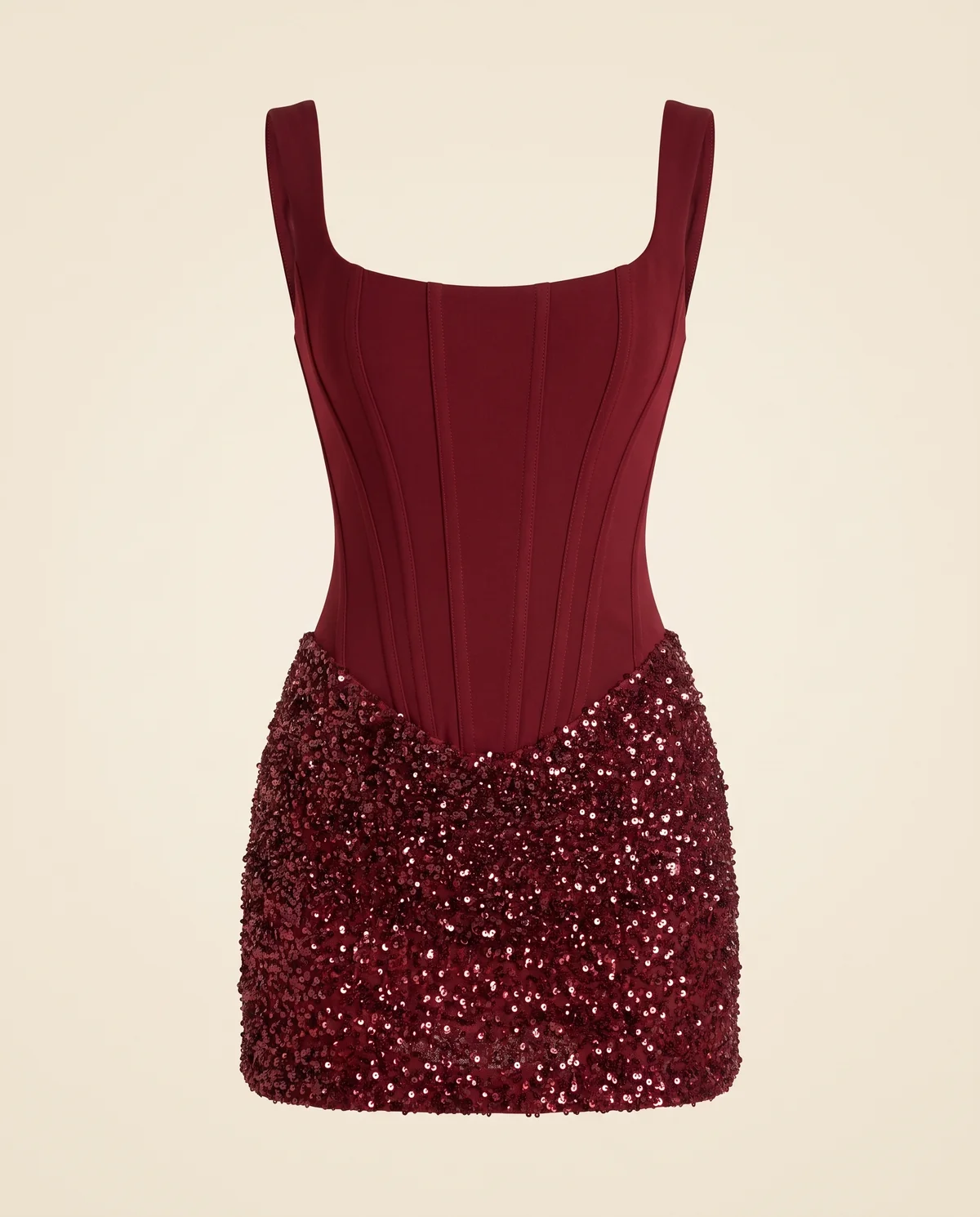 Corset Sequin Mini Dress in Wine, product shot on a plain background