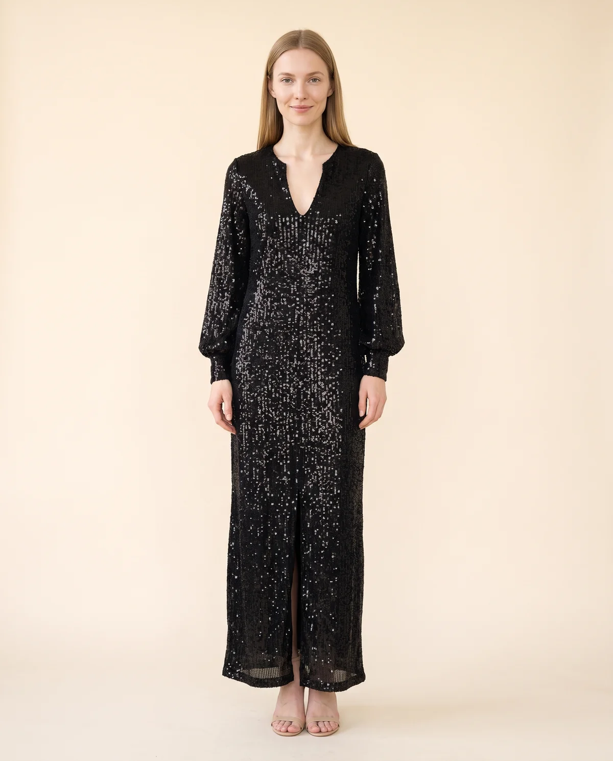 Long-Sleeve Sequin Slit Maxi Dress in Black, front view, worn by Maya