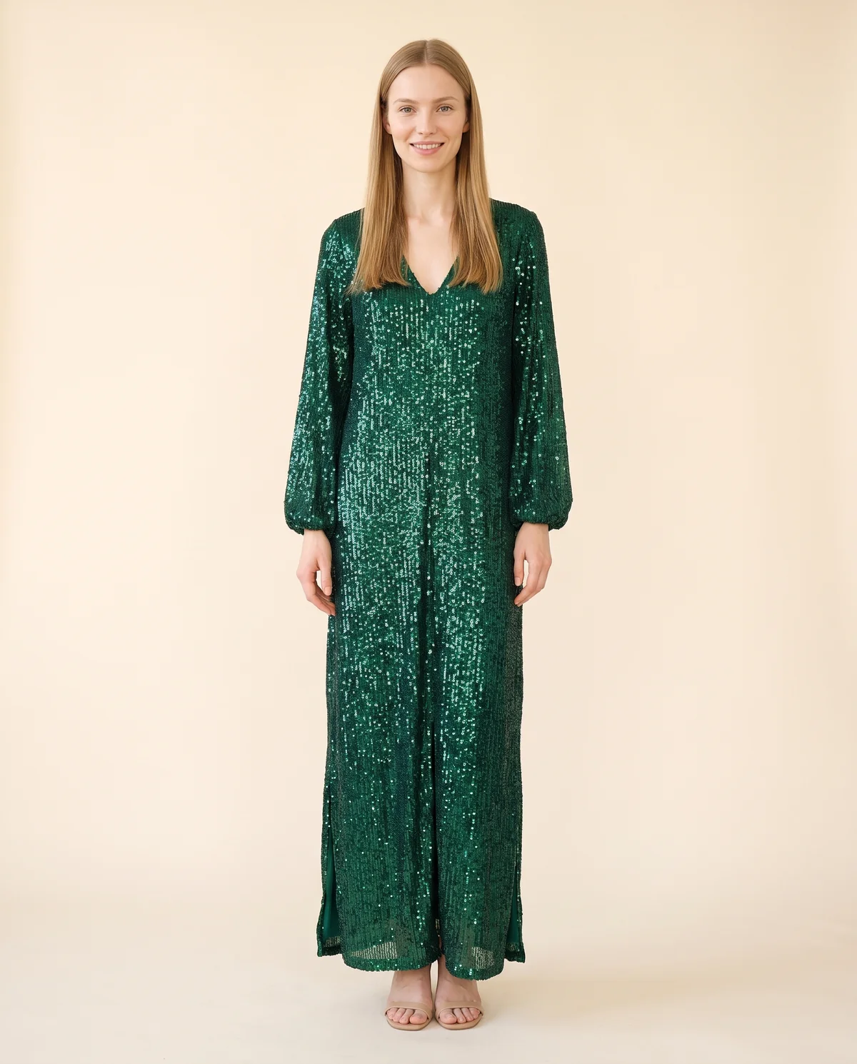 Long-Sleeve Sequin Slit Maxi Dress in Emerald, front view, worn by Maya